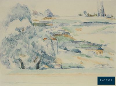 une aquarelle représentant une plage avec des rochers et des arbres