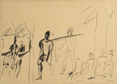 dessin représentant un homme tenant une épée devant un groupe de personnes
