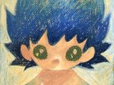 painting of a little boy with blue hair and green eyes
