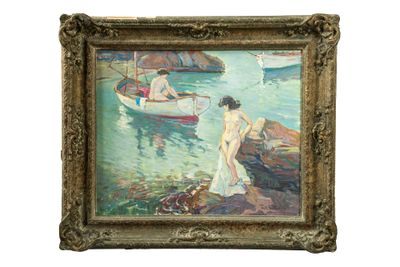 une image représentant un tableau d'une femme en robe blanche au bord d'un plan d'eau