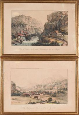deux aquarelles représentant des montagnes et une rivière, dans un cadre doré