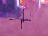 abstract painting of a cross on a pink background with a purple sky
