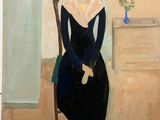 painting of a woman in a black dress sitting in a chair
