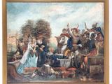 tableau représentant un groupe de personnes rassemblées autour d'un homme à cheval