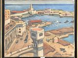 a painting of a view of a harbor with boats in the water