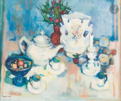 a painting of a painting of a teapot and other items on a table