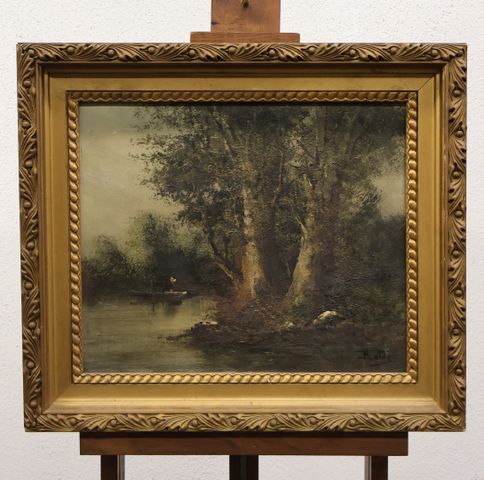 École française dans le gout de Barbizon « Paysage lacustre » Hui...