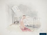 une aquarelle représentant une femme debout dans une chambre d'hôpital