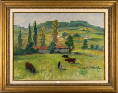an oil painting of cows grazing in a field with a house in the background