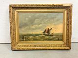 an oil painting of a sailboat in a rough sea with other boats in the background