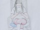 un dessin représentant une jeune fille assise sur une chaise, tenant un téléphone portable