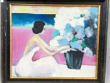 a painting of a woman sitting in front of a vase of flowers