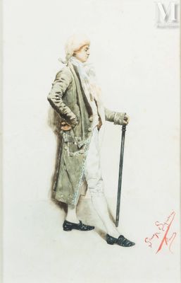 tableau représentant un vieil homme avec une canne et un manteau