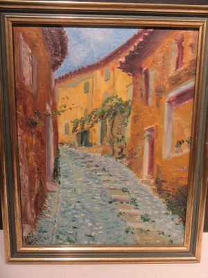 une peinture à l'huile représentant une scène de rue avec un immeuble jaune