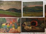 six paintings on a bed with a white comforter