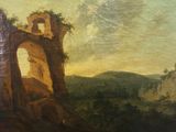 an oil painting of a man standing in front of a castle on a hill