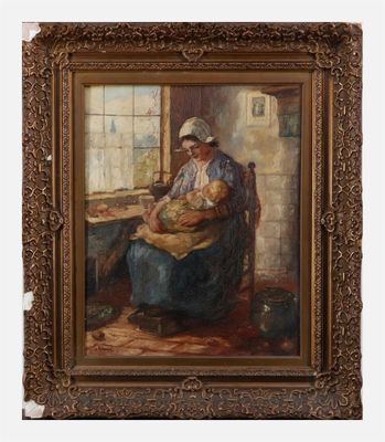 une peinture à l'huile représentant une femme assise sur une chaise, tenant un bébé dans ses bras