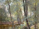 painting of a river in a wooded area with trees and bushes
