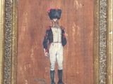 an old painting of a man in a uniform standing in front of a wooden wall