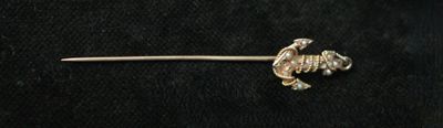 a silver pin with a bird on it on a black surface