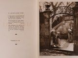 an open book with a picture of a woman standing in front of a gate
