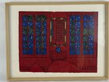 tableau représentant une pièce rouge avec des fenêtres bleues et une porte rouge