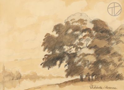 drawing of a tree in a field with a sky background