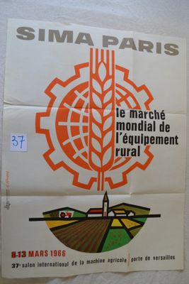 an orange and white poster with a picture of a tree on it