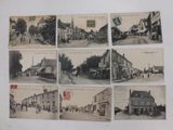several old postcards of a street scene with people walking and a horse drawn carriage