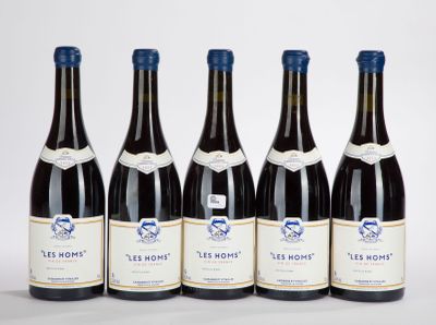 six bottles of wine are lined up in a row on a white surface