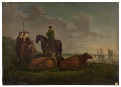 un tableau représentant un homme à cheval et deux vaches dans un champ