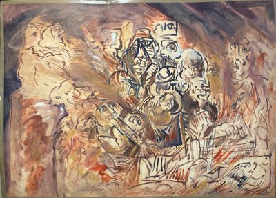 une image d'un tableau représentant un groupe de personnes dans une pièce