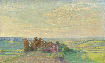 an image of a painting of a field with a house in the distance