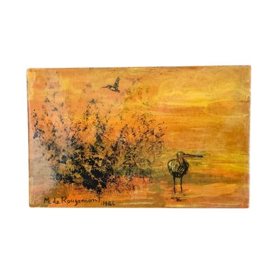un tableau représentant un oiseau debout dans l'eau