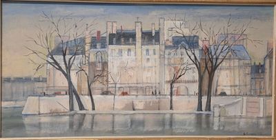 a picture of a painting of a building by the water