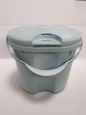 a blue plastic container with a lid on a white surface