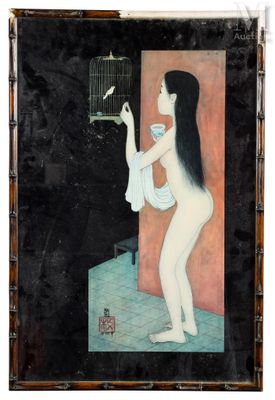 une image représentant un tableau où l'on voit une femme tenant un oiseau dans une cage