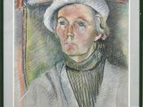 painting of a woman in a white hat with a cane in her hand
