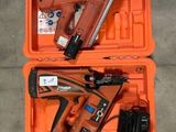 an orange tool box with a stapler, stapler, nailer, and stapler in it
