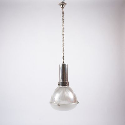 a silver and glass pendant light hanging from the ceiling