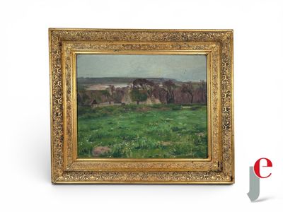 an image of a painting of cows grazing in a green field