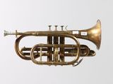 a brass trumpet that is sitting on a white surface