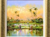 a painting of people working in a rice field with palm trees