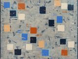 an abstract painting of squares and rectangles in blue, orange, and white