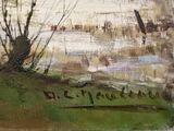 an oil painting of a field with trees and a river in the background