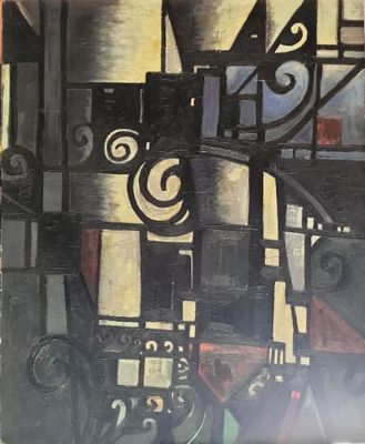 an image of a painting of a building with a clock on it ' s side