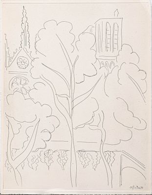 dessin représentant un arbre avec un bâtiment en arrière-plan