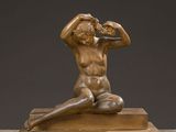 bronze sculpture of a man drinking from a bottle on a marble base