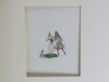 a picture of a painting on the wall above a bed