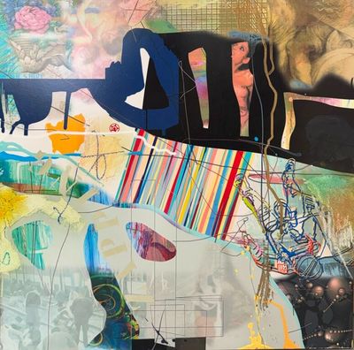 un collage représentant un homme et une femme assis sur un canapé